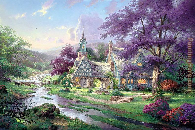 Clocktower cottage painting - Thomas Kinkade Clocktower cottage art painting
